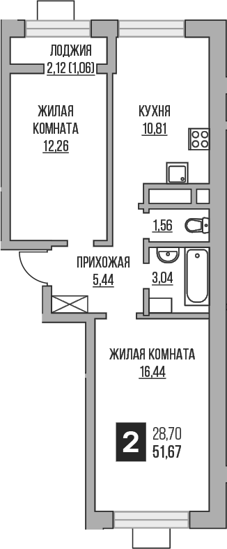 Планировка — Пехра, 2-комн., 50 м²