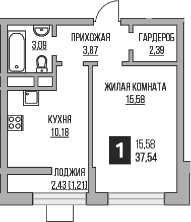 Планировка — Пехра, 1-комн., 35 м²