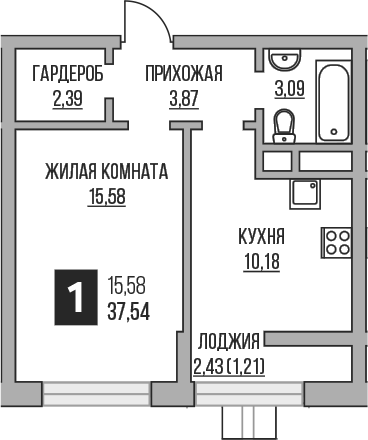 Планировка — Пехра, 1-комн., 35 м²