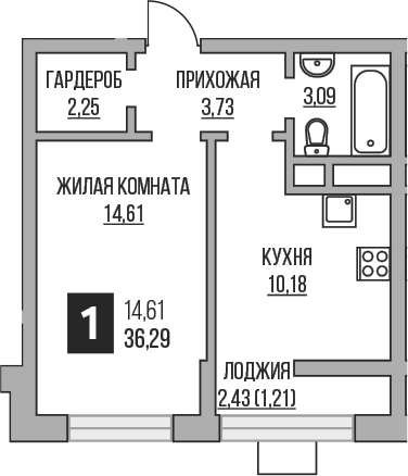 Планировка — Пехра, 1-комн., 34 м²