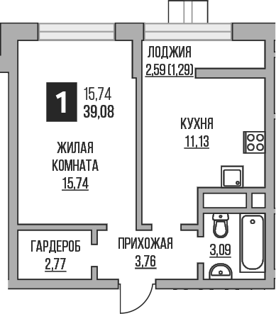 Планировка — Пехра, 1-комн., 36 м²