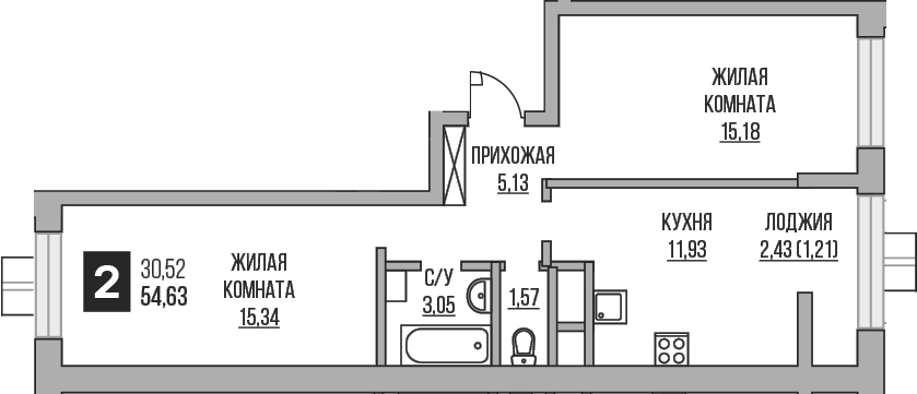 Планировка — Пехра, 2-комн., 52 м²