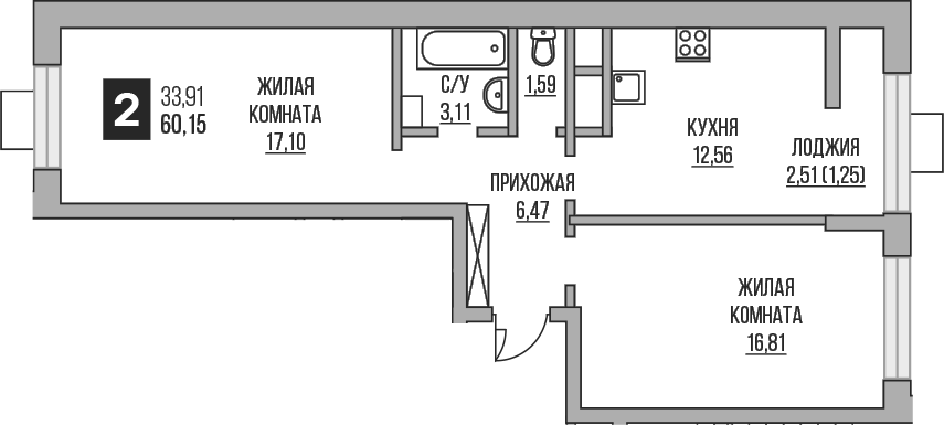 Планировка — Пехра, 2-комн., 58 м²