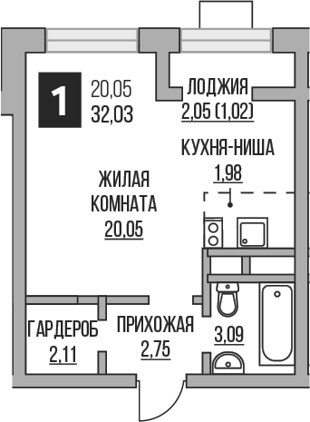 Планировка — Пехра, Студия, 30 м²