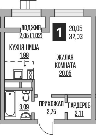 Планировка — Пехра, Студия, 30 м²