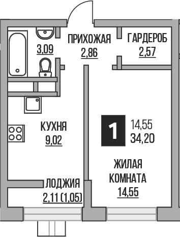 Планировка — Пехра, 1-комн., 32 м²