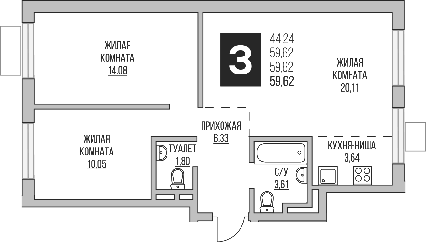 Планировка — Аникеевский, 3-комн., 60 м²