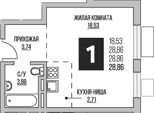 Планировка — Аникеевский, Студия, 29 м²