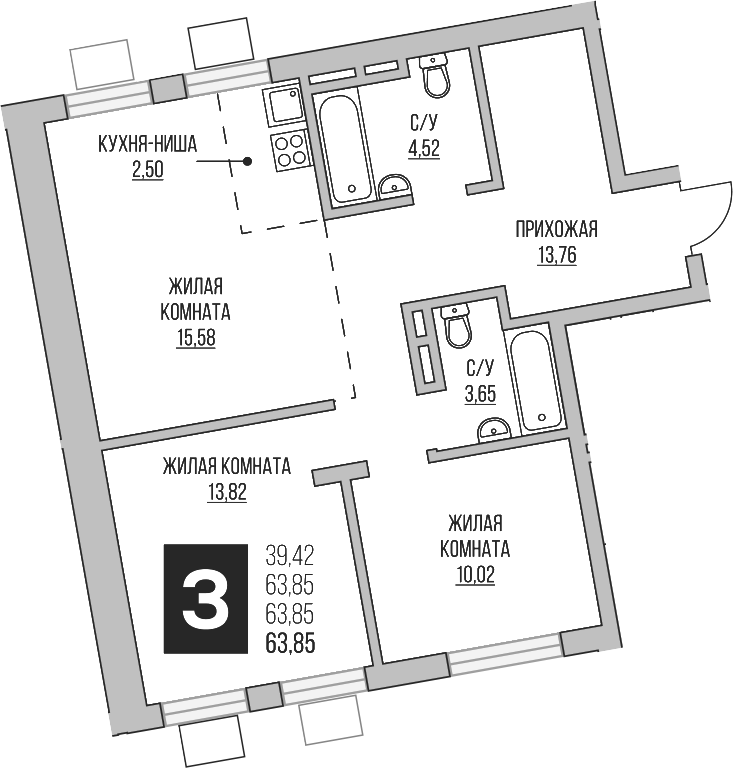 Планировка — Аникеевский, 3-комн., 64 м²