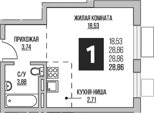 Планировка — Аникеевский, Студия, 29 м²