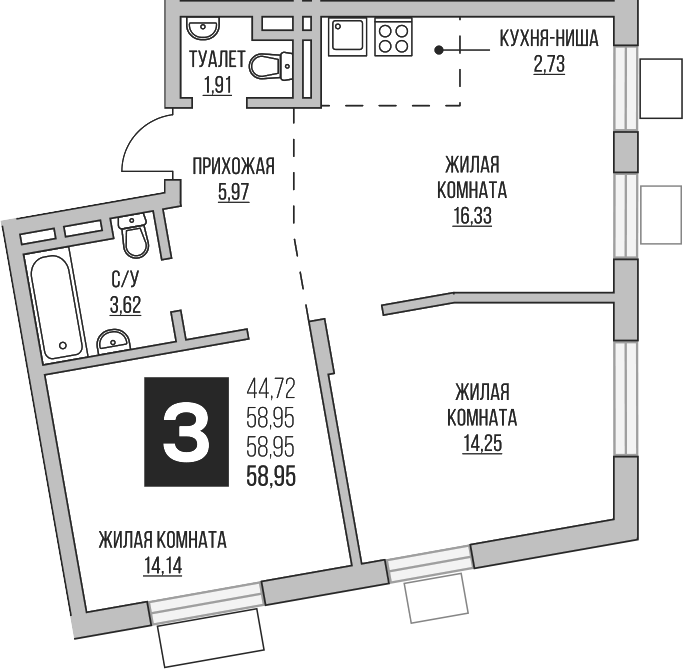 Планировка — Аникеевский, 3-комн., 59 м²