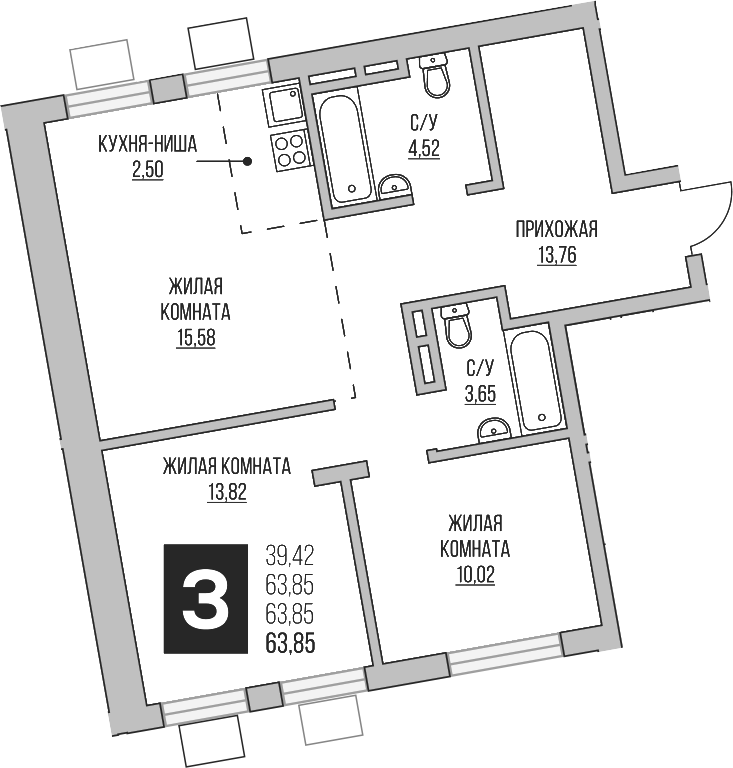 Планировка — Аникеевский, 3-комн., 64 м²