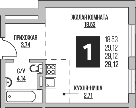 Планировка — Аникеевский, Студия, 29 м²