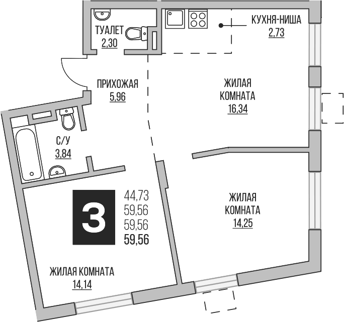 Планировка — Аникеевский, 3-комн., 60 м²
