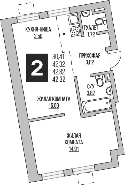 Планировка — Аникеевский, 2-комн., 42 м²