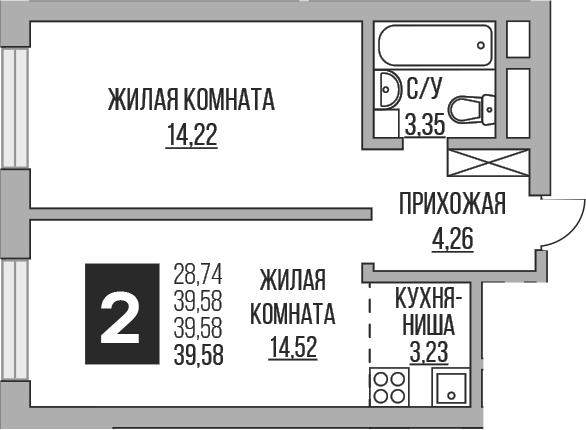 Планировка — Ильинойс, 2-комн., 40 м²