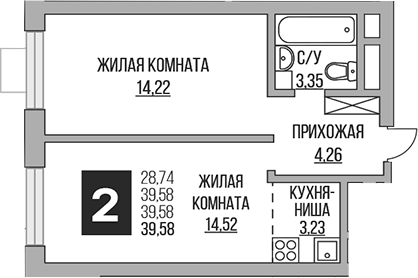 Планировка — Ильинойс, 2-комн., 40 м²