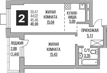 Планировка — Ильинойс, 2-комн., 44 м²