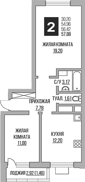 Планировка — Ильинойс, 2-комн., 55 м²