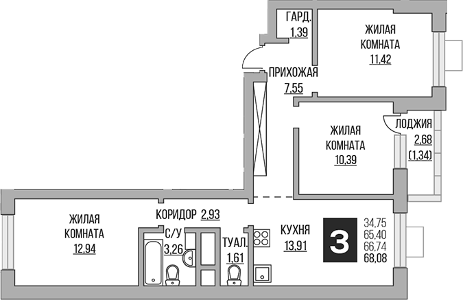 Планировка — Ильинойс, 3-комн., 65 м²