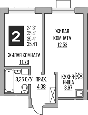Планировка — Ильинойс, 2-комн., 35 м²