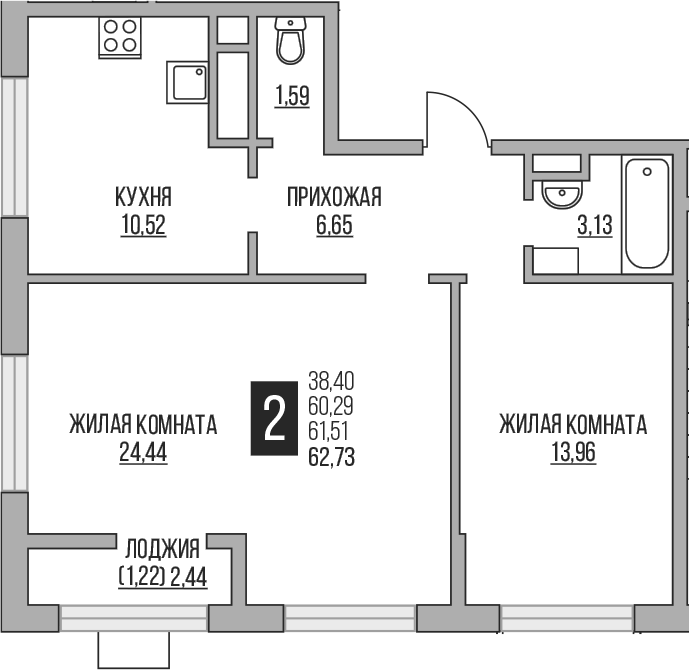Планировка — Пехра, 2-комн., 60 м²