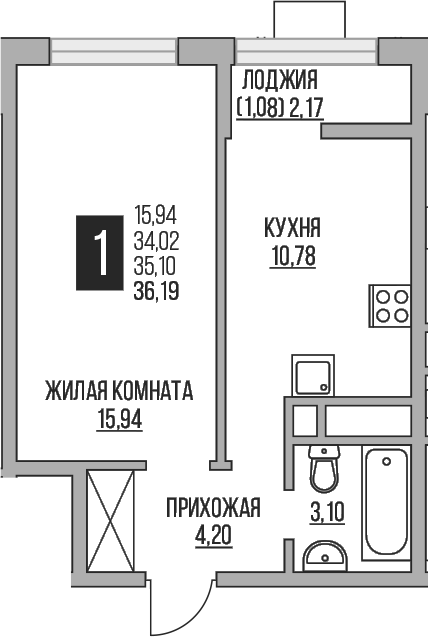 Планировка — Пехра, 1-комн., 34 м²