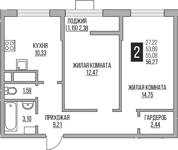 Планировка — Пехра, 2-комн., 54 м²