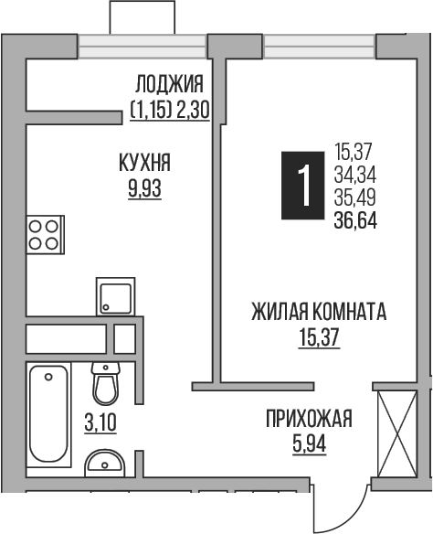 Планировка — Пехра, 1-комн., 34 м²