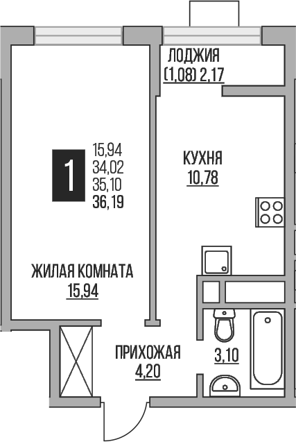 Планировка — Пехра, 1-комн., 34 м²