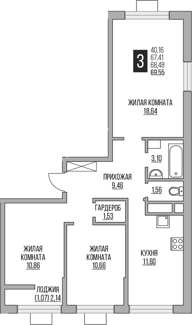 Планировка — Пехра, 3-комн., 67 м²