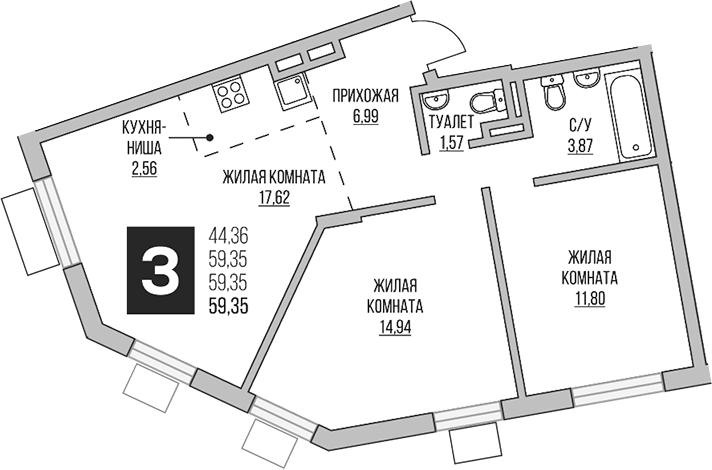Планировка — Аникеевский, 3-комн., 59 м²
