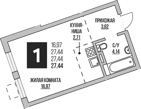 Планировка — Аникеевский, Студия, 27 м²