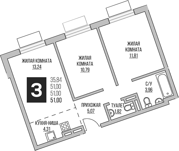 Планировка — Аникеевский, 3-комн., 51 м²
