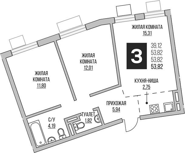 Планировка — Аникеевский, 3-комн., 54 м²