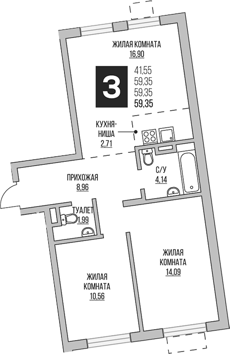 Планировка — Аникеевский, 3-комн., 59 м²
