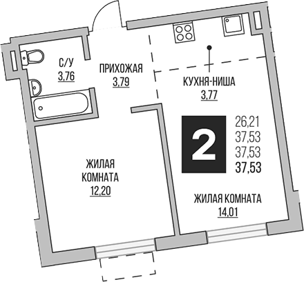 Планировка — Аникеевский, 2-комн., 38 м²