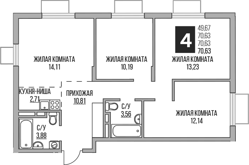 Планировка — Аникеевский, 4-комн., 71 м²