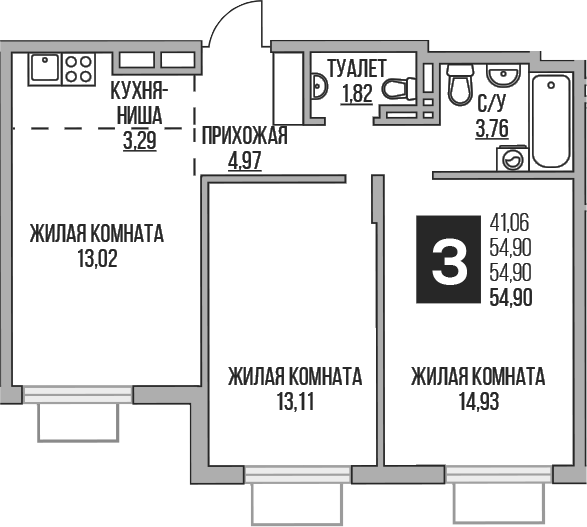 Планировка — Аникеевский, 3-комн., 55 м²