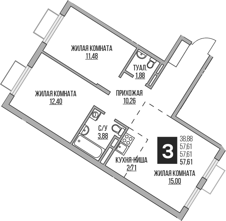 Планировка — Аникеевский, 3-комн., 58 м²