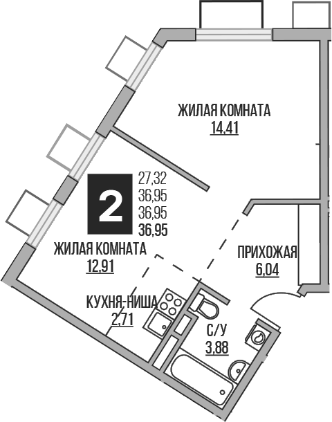 Планировка — Аникеевский, 2-комн., 40 м²