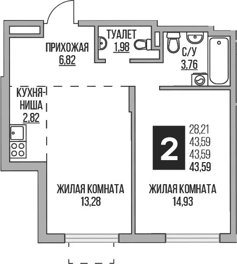 Планировка — Аникеевский, 2-комн., 44 м²