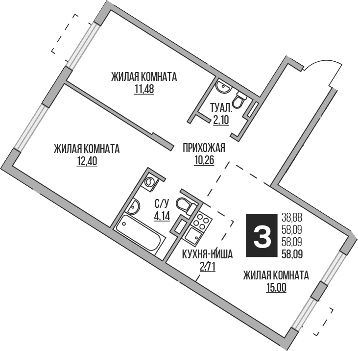 Планировка — Аникеевский, 3-комн., 58 м²