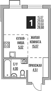 Планировка — Новая Алексеевская роща, Студия, 29 м²