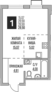 Планировка — Новая Алексеевская роща, Студия, 29 м²