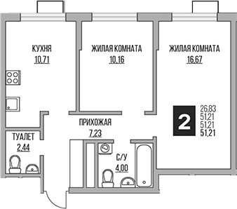 Планировка — Новая Алексеевская роща, 2-комн., 51 м²