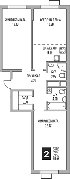 Планировка — Новая Алексеевская роща, 2-комн., 70 м²