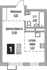 Планировка — Новая Алексеевская роща, Студия, 29 м²