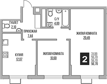 Планировка — Новая Алексеевская роща, 2-комн., 57 м²
