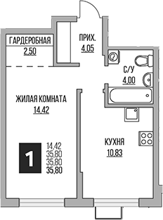 Планировка — Новая Алексеевская роща, 1-комн., 36 м²